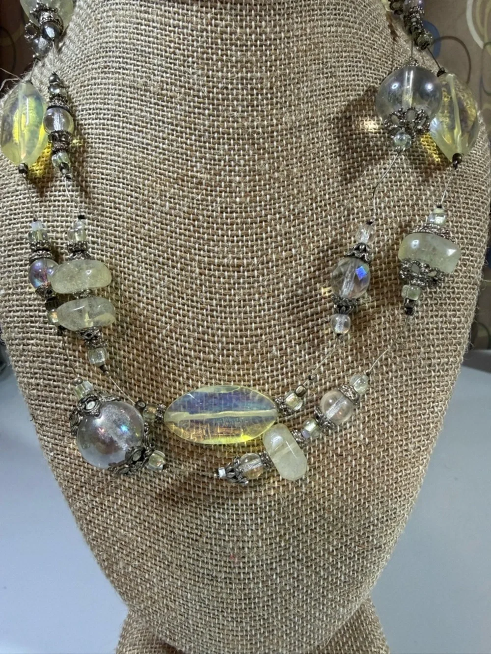 Vintage 1990s Iridescent Yellow Glass Bead Statement Necklace V8
